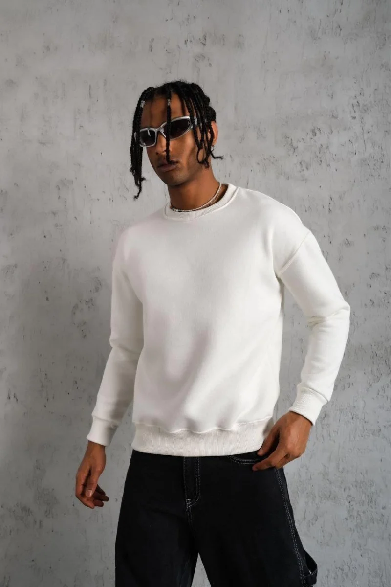 Düz Bisiklet Yaka Sweat - Beyaz