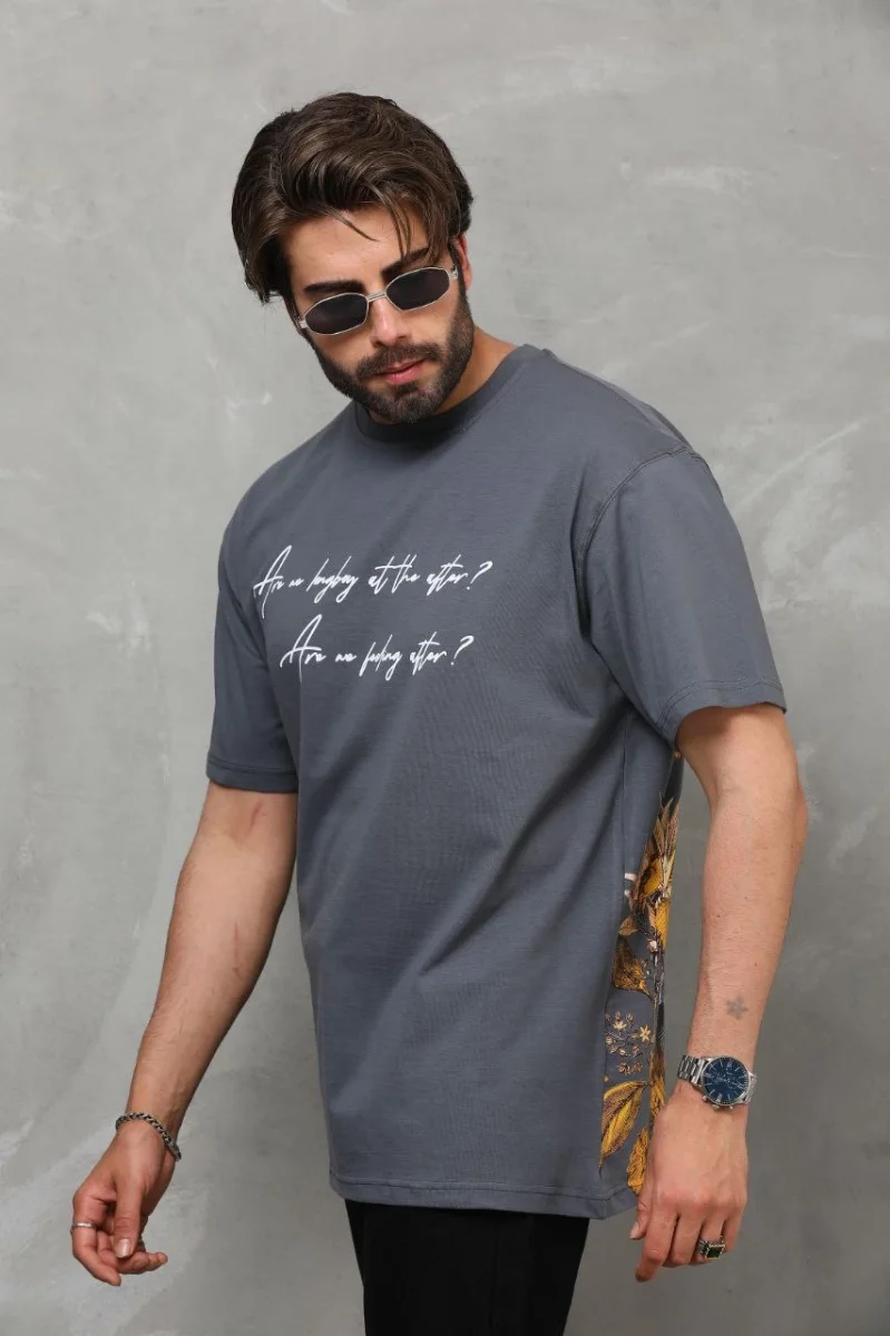 Bisiklet Yaka Baskılı Oversize T-Shirt - Füme