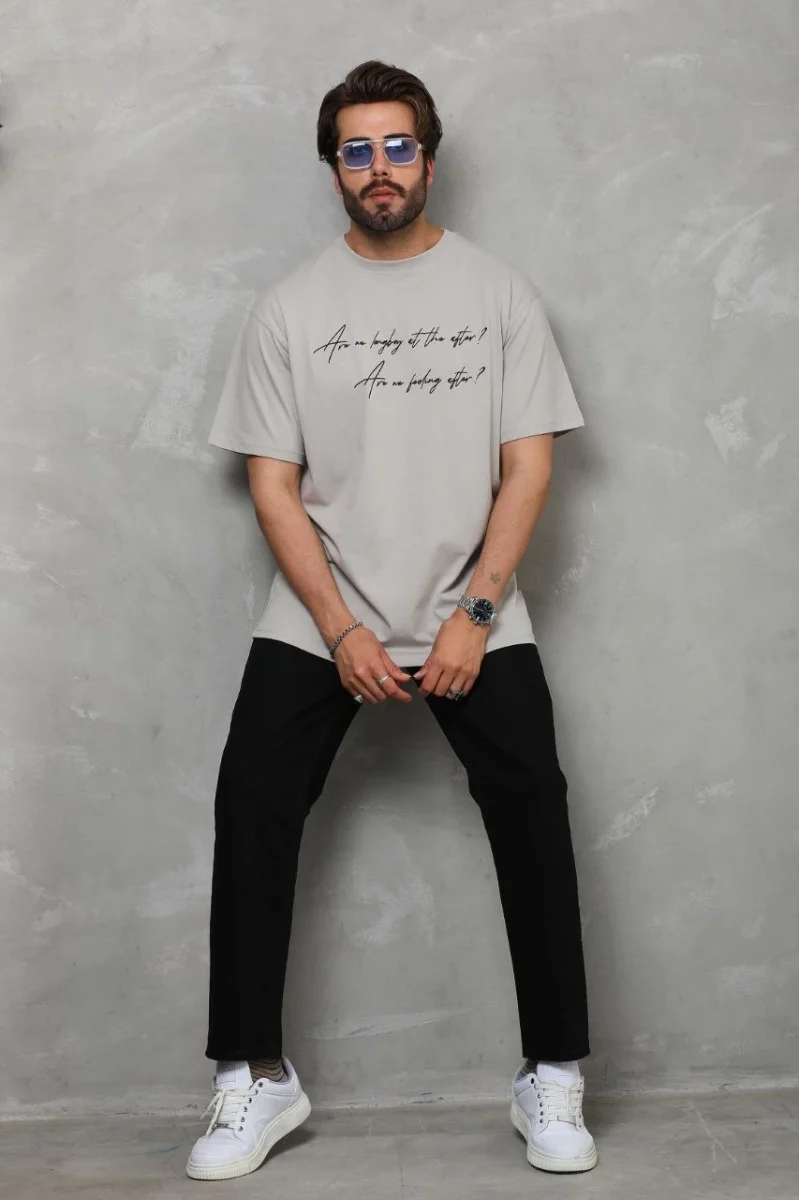 Bisiklet Yaka Baskılı Oversize T-Shirt - Gri