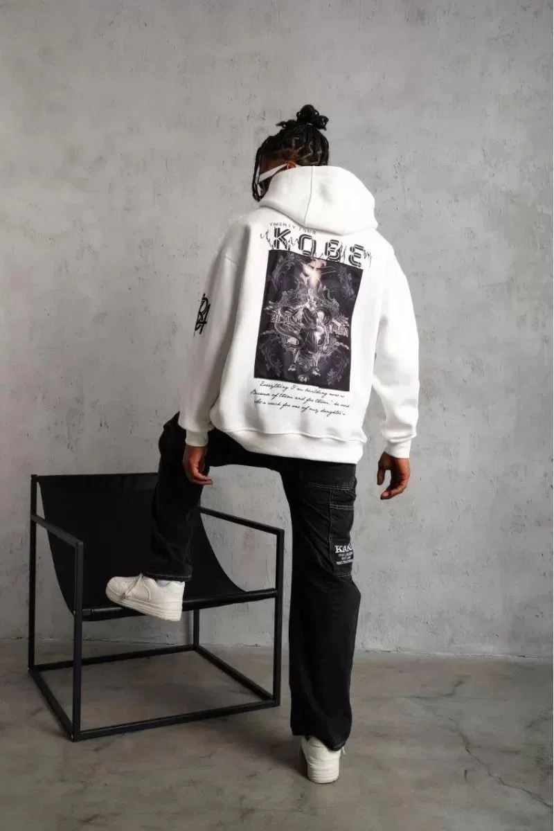 Sırt Baskılı Kapüşonlu Üç İplik Oversize Sweatshirt - Beyaz