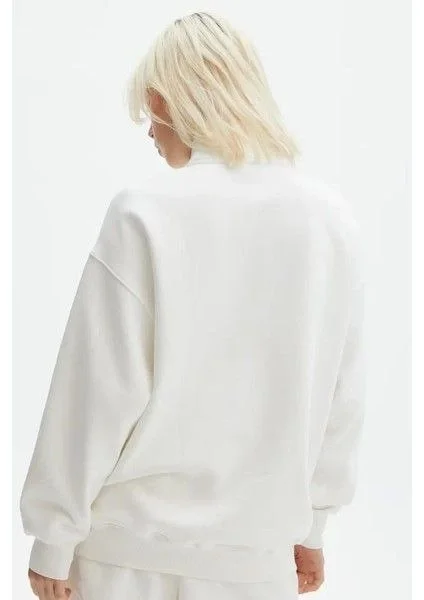 Uzun Kol Yarım Farmuarlı Yakalı Basic SweatShirt - Beyaz