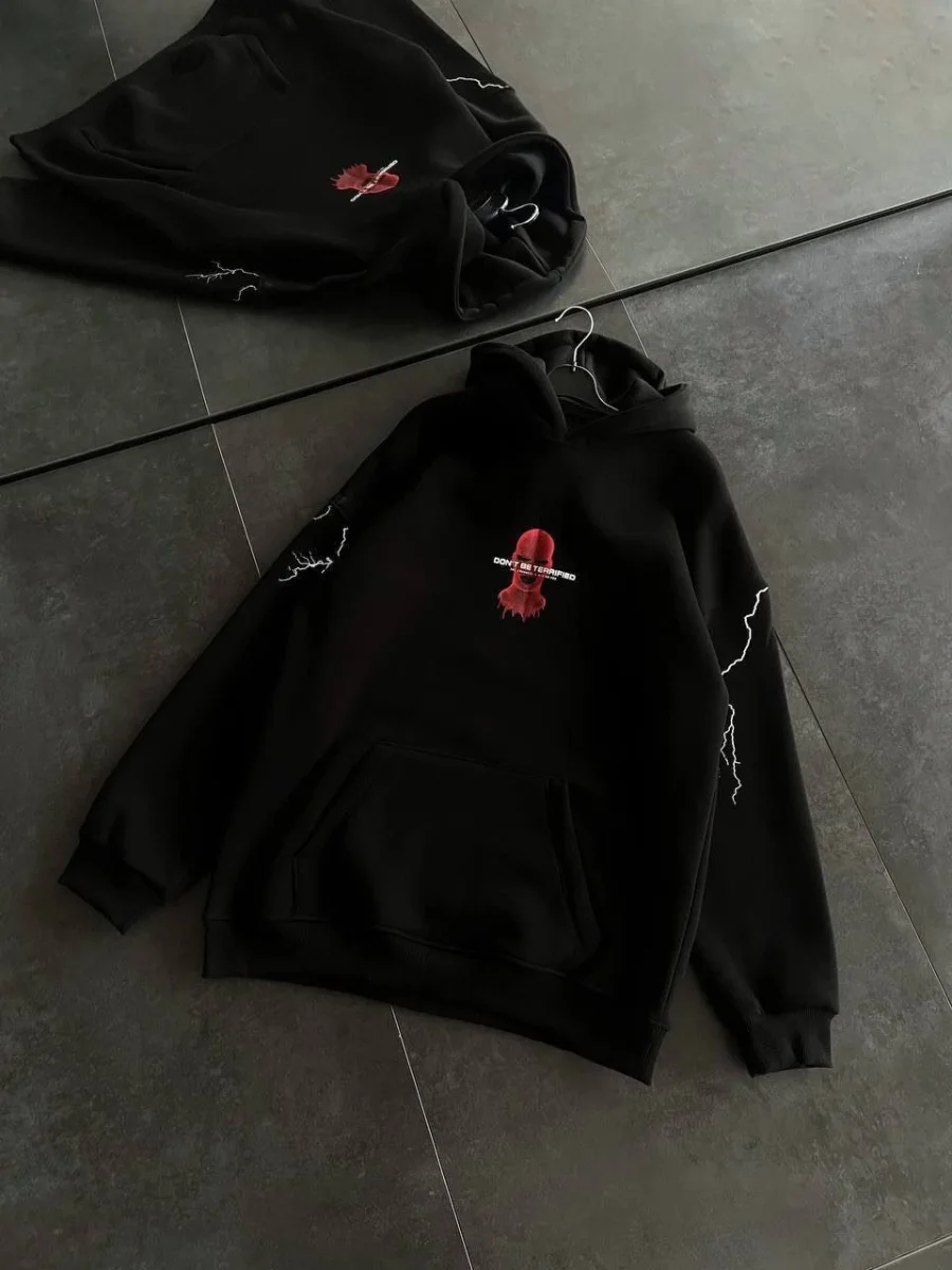 Üç İplik Kapüşonlu Baskılı Oversize SweatShirt- Siyah