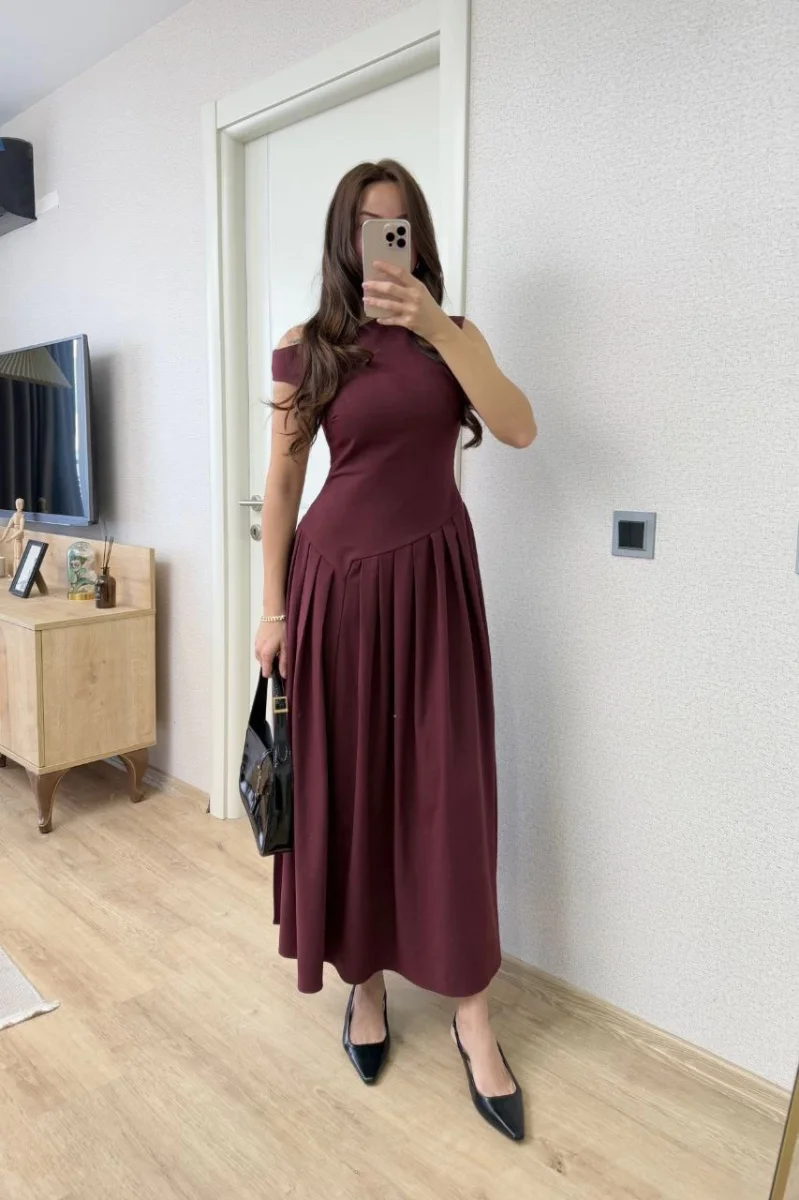 Asimetrik düşük yaka Kolsuz Uzun Elbise - Bordo