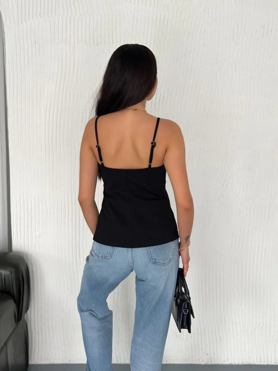 Askılı Dekolte deraylı bluz crop - Siyah