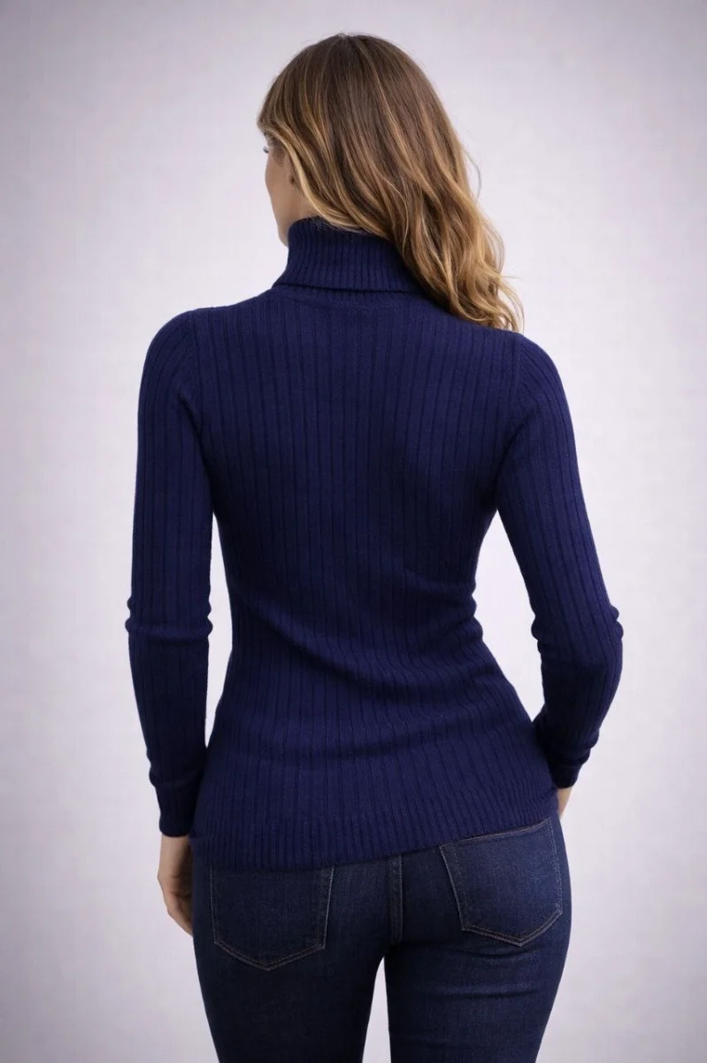 Balıkcı Yaka Bağazlı Triko Kazak Pamuklu Kalın Fitilli Dokuma - Lacivert