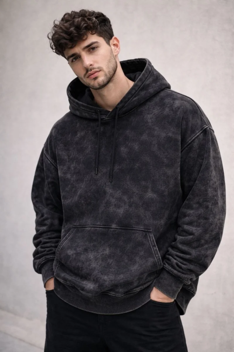 Erkek Yağ Yıkamalı Kapşonlu Double Oversize Üç İplik Pamuklu Sweatshirt - Siyah