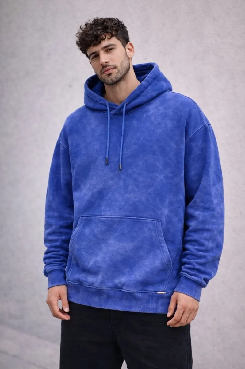 Erkek Yağ Yıkamalı Kapşonlu Double Oversize Üç İplik Pamuklu Sweatshirt - Mavi