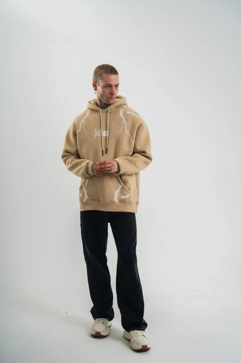 Erkek Şimşek Baskılı Kapşonlu Sweatshirt Üç İplik Pamuklu Kanguru Cepli Double Oversize Hoodie - Bej