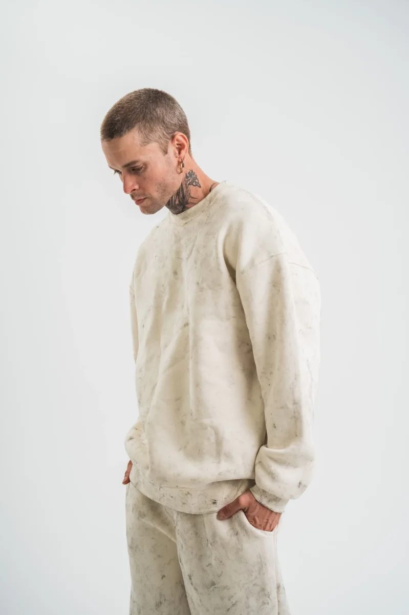 Erkek 3 İplik Pamuklu Yağ Yıkamalı Sweatshirt Double Oversize Bisiklet Yaka Uzun Kol - Krem