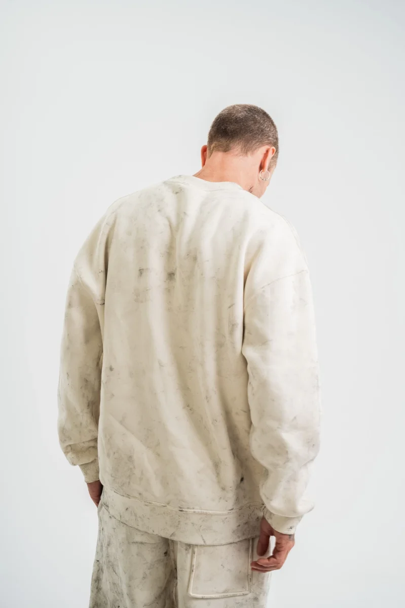 Erkek 3 İplik Pamuklu Yağ Yıkamalı Sweatshirt Double Oversize Bisiklet Yaka Uzun Kol - Krem