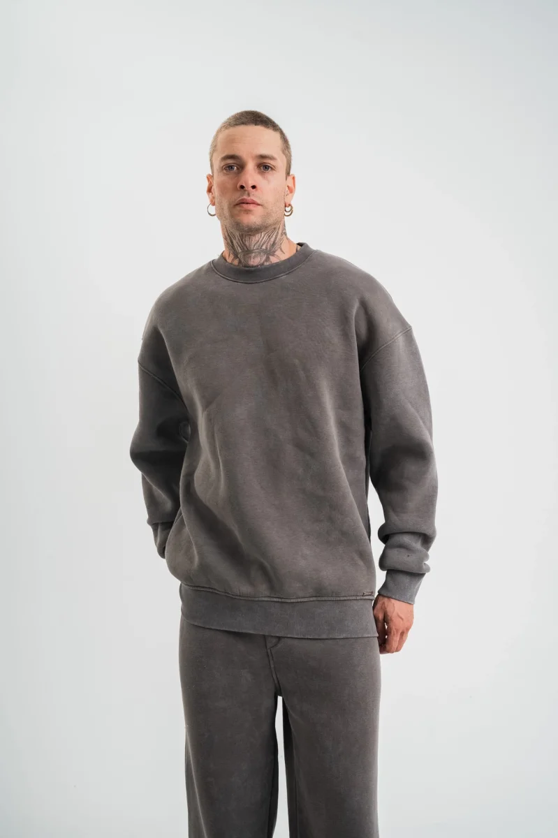 Erkek 3 İplik Pamuklu Yağ Yıkamalı Sweatshirt Double Oversize Bisiklet Yaka Uzun Kol - Füme