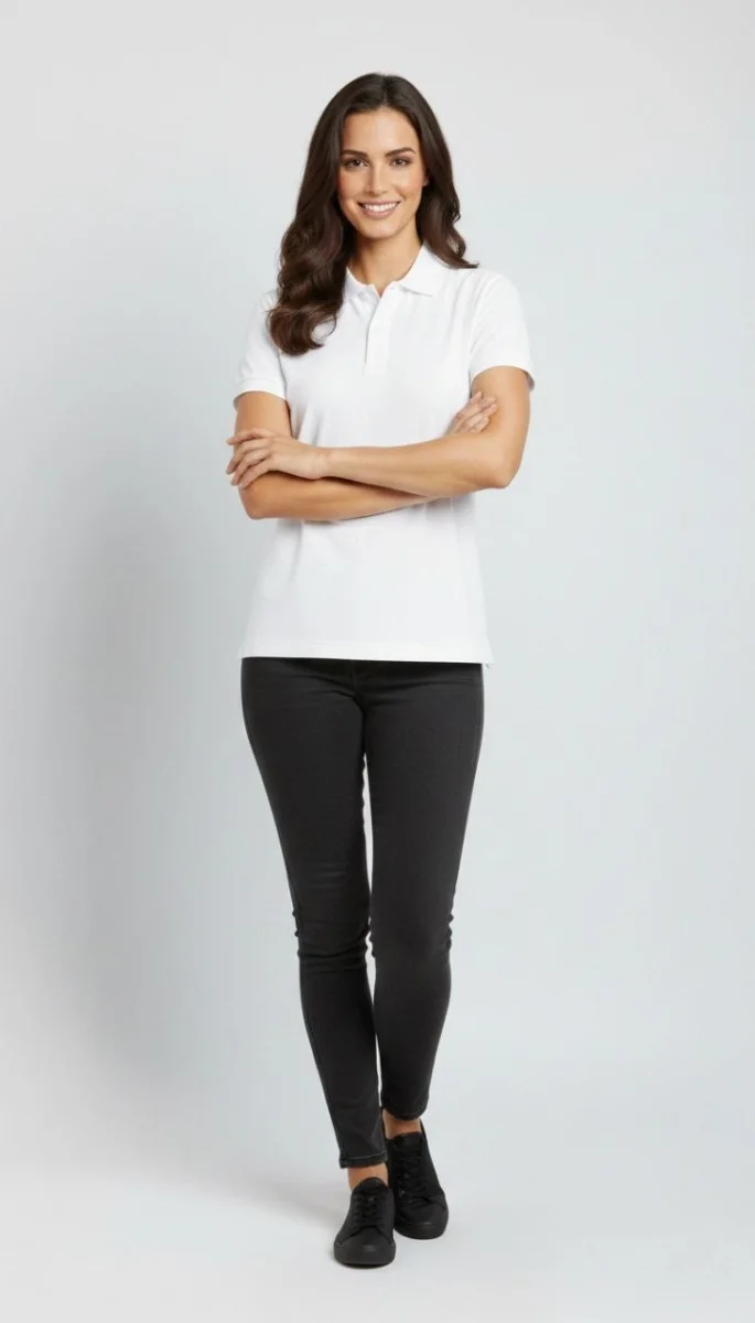 Kadın Pike Kumaş Düğmeli Yaka Regular Rahat Günlük Kısa kol Tişört T-shirt - Beyaz