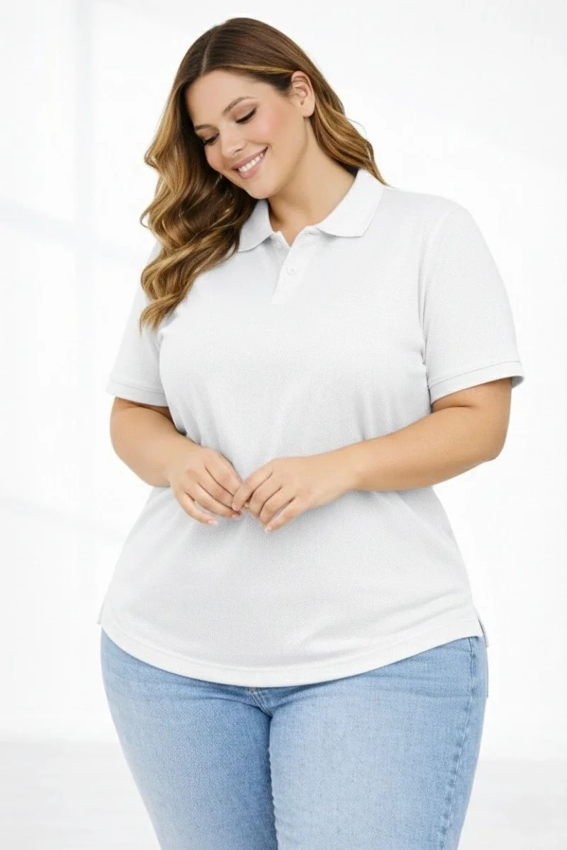 Kadın Pike Kumaş Düğmeli Yaka Battal Büyük Beden Günlük Kısa kol Tişört T-shirt - Beyaz