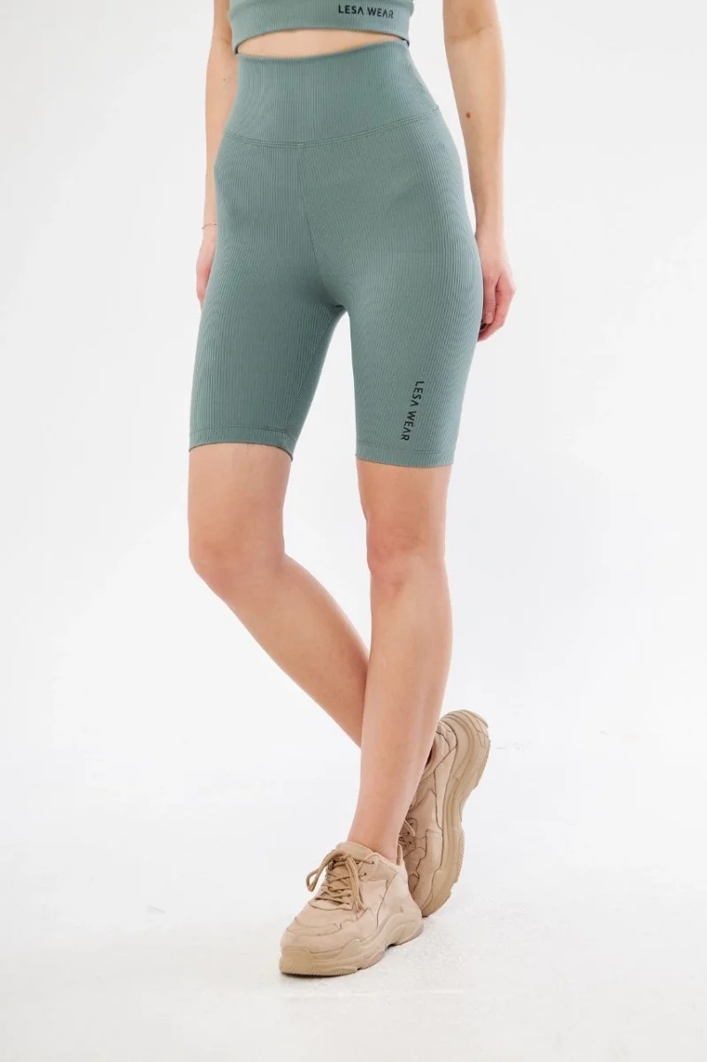 Yüksek Bel Fitilli Biker Baskılı Şort - Mint Yeşili