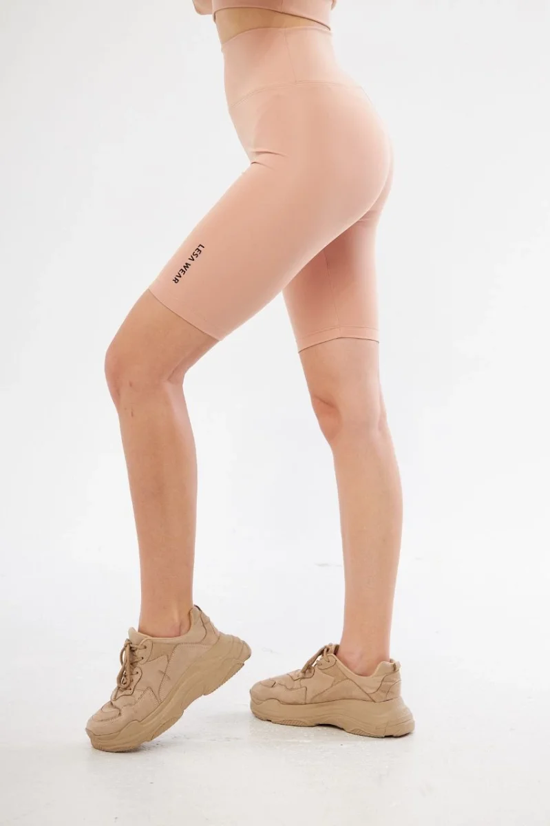 Yüksek Bel Biker Sporcu Şort - Bej