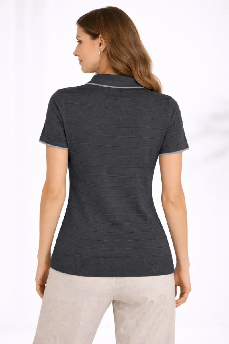 Kadın Triko Kumaş Yakalı Düğmesiz Açık Yaka Fitilli Kısa Kollu Regular Fit Tişört T-shirt - Siyah