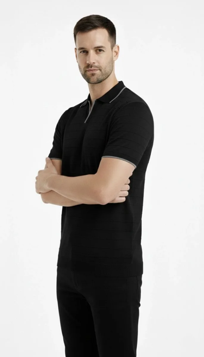 Erkek Triko Kumaş Yakalı Düğmesiz Açık Yaka Fitilli Kısa Kollu Regular Fit Tişört T-shirt - Siyah