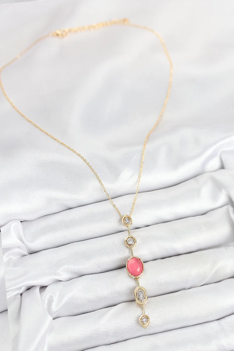 Pirinç Zincir Pembe Gold Renk Zirkon Taşlı Y Kolye
