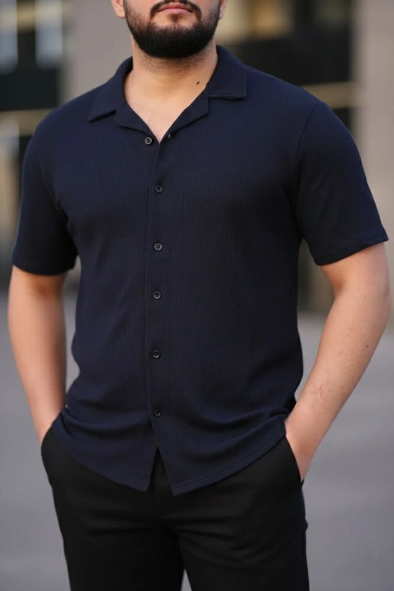 Erkek Waffle Kumaş Kısa Kollu Düğmeli Açık Yaka Regular Fit Gömlek - Lacivert