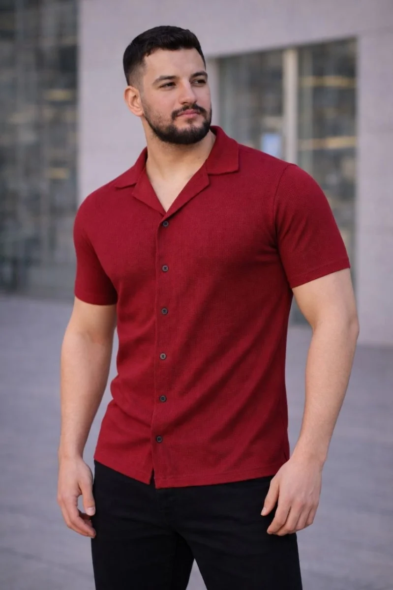 Erkek Waffle Kumaş Kısa Kollu Düğmeli Açık Yaka Regular Fit Gömlek - Kırmızı