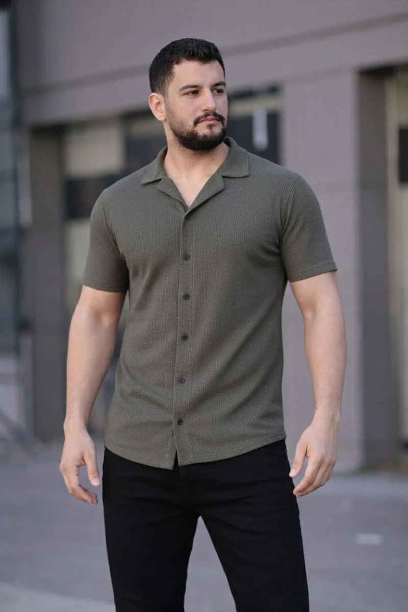 Erkek Waffle Kumaş Kısa Kollu Düğmeli Açık Yaka Regular Fit Gömlek - Haki