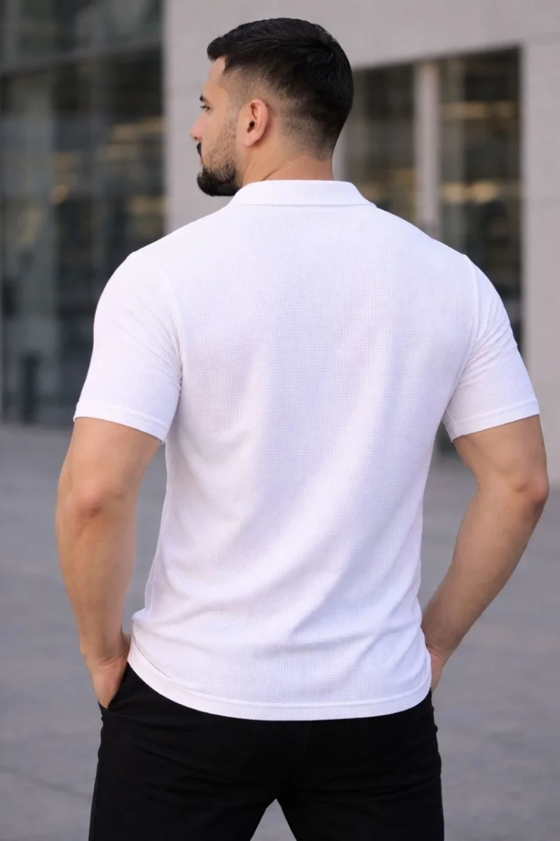 Erkek Waffle Kumaş Kısa Kollu Düğmeli Açık Yaka Regular Fit Gömlek - Beyaz
