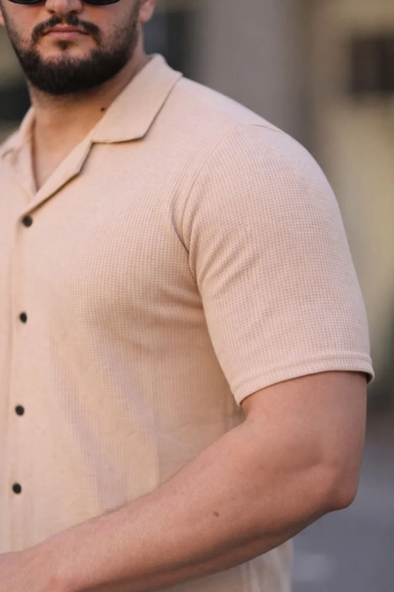 Erkek Waffle Kumaş Kısa Kollu Düğmeli Açık Yaka Regular Fit Gömlek - Bej