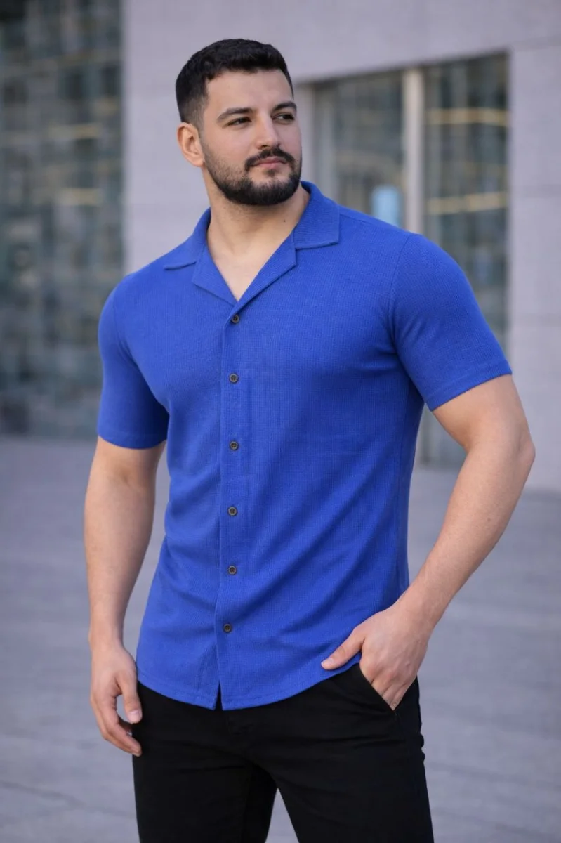 Erkek Waffle Kumaş Kısa Kollu Düğmeli Açık Yaka Regular Fit Gömlek - Saks Mavisi