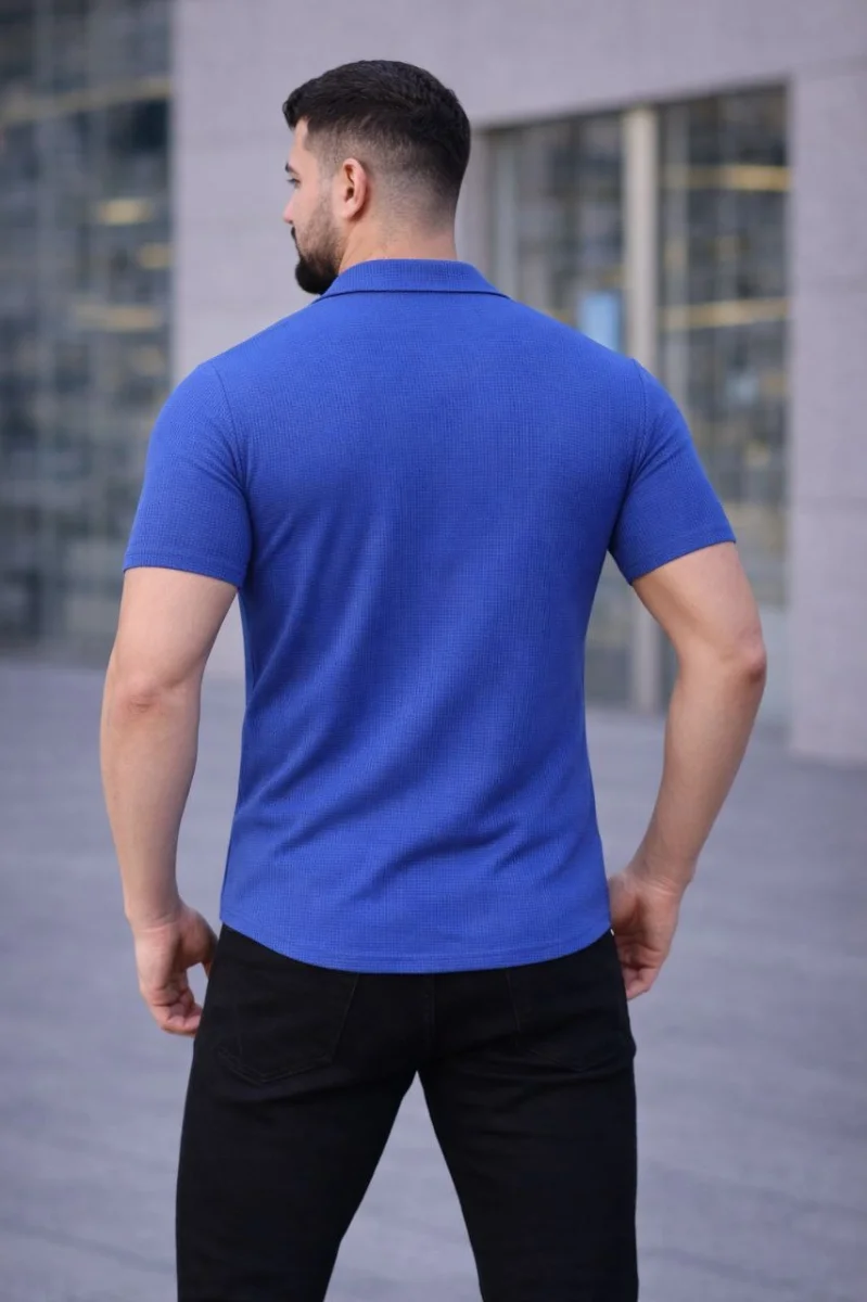 Erkek Waffle Kumaş Kısa Kollu Düğmeli Açık Yaka Regular Fit Gömlek - Saks Mavisi
