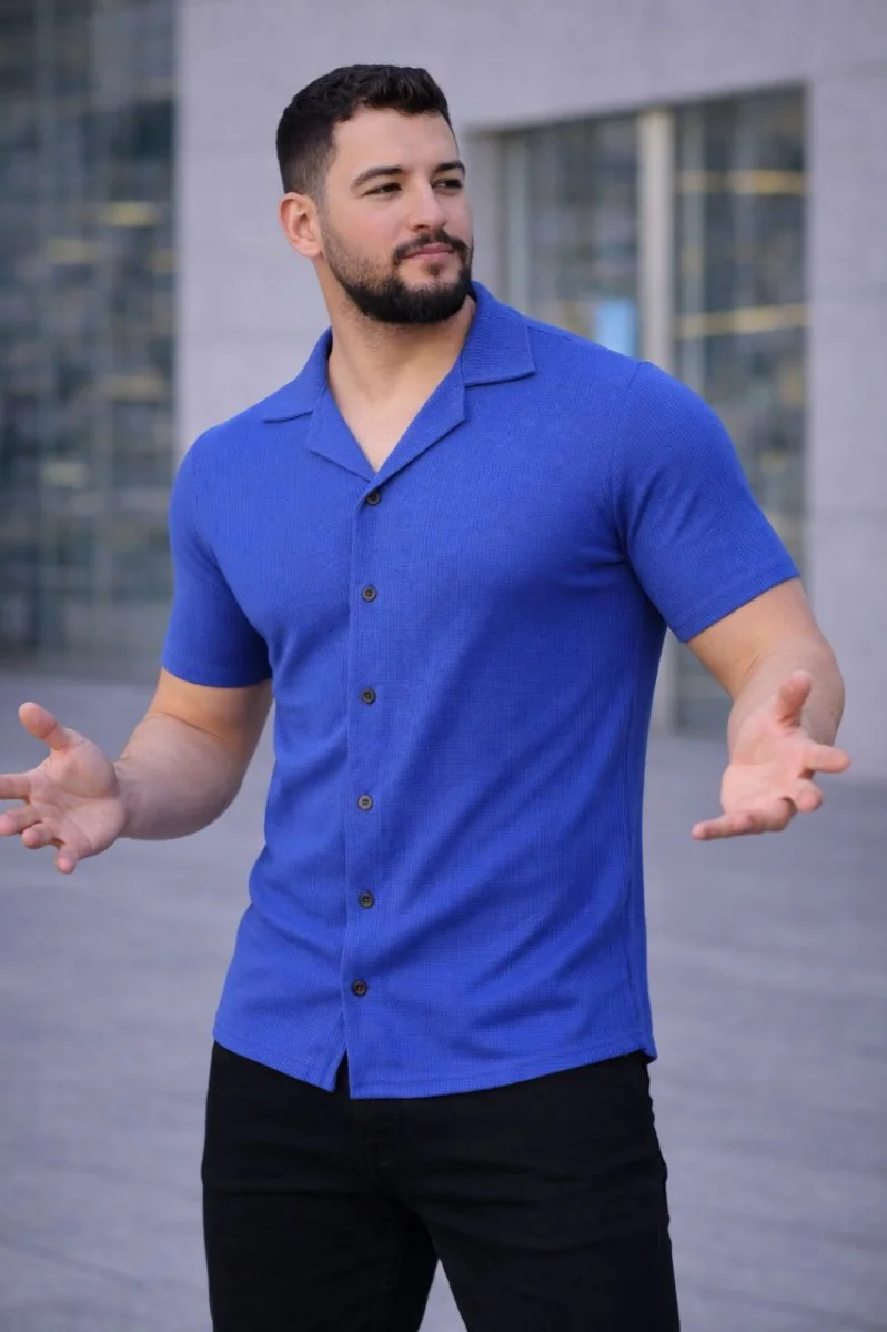 Erkek Waffle Kumaş Kısa Kollu Düğmeli Açık Yaka Regular Fit Gömlek - Saks Mavisi
