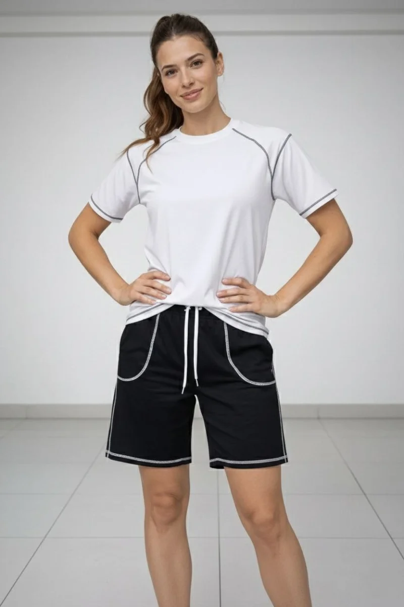 Kadın Spor Tişört Şort Takım Kontrast Dikiş Detaylı Ovarsize rahat kalıp - Beyaz