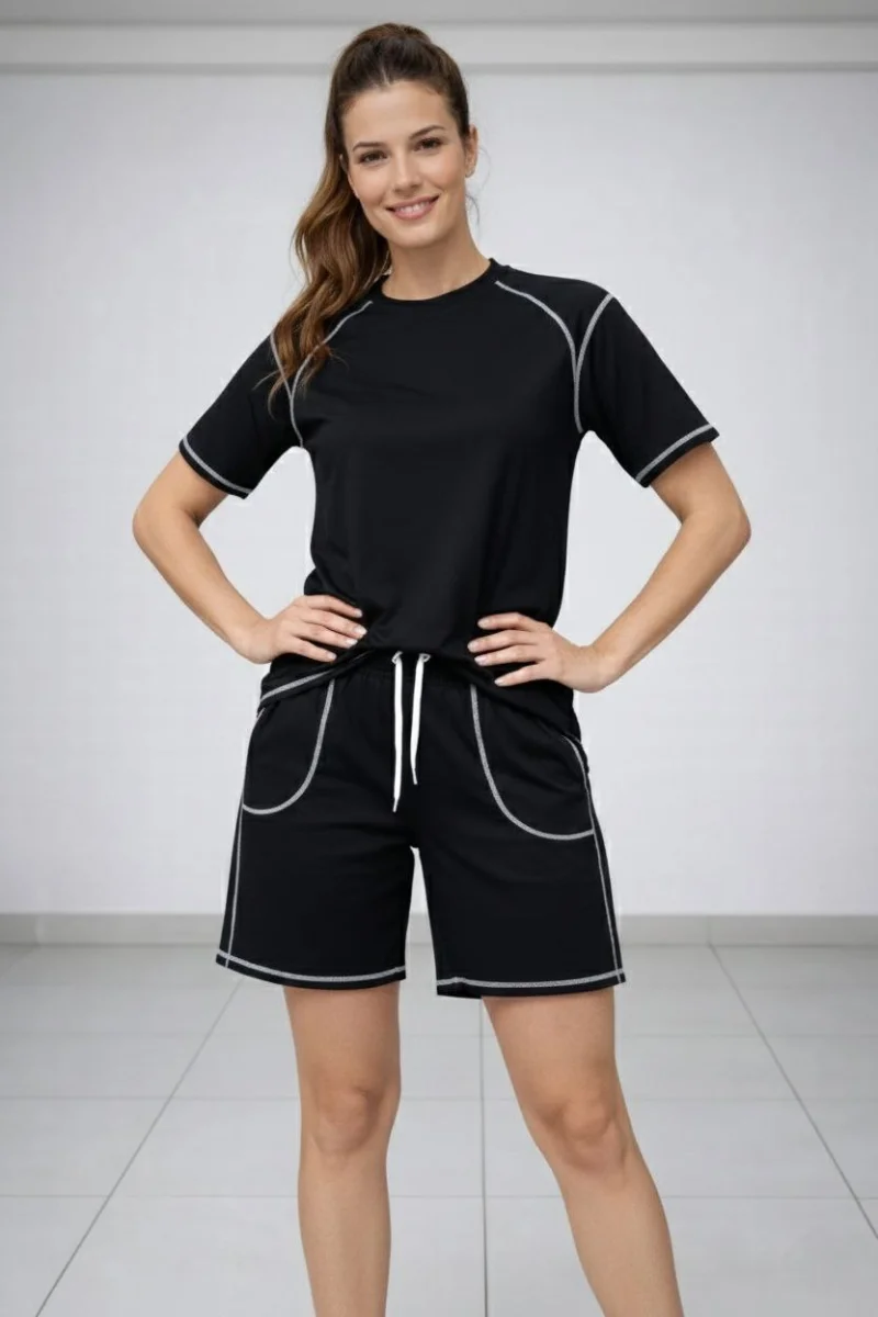 Kadın Spor Tişört Şort Takım Kontrast Dikiş Detaylı Ovarsize rahat kalıp - Siyah