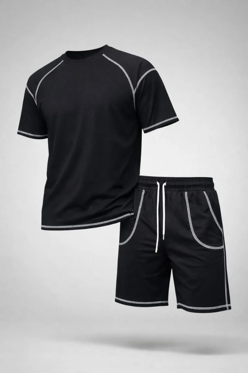 Erkek Spor Tişört Şort Takım Kontrast Dikiş Detaylı Ovarsize rahat kalıp - Siyah
