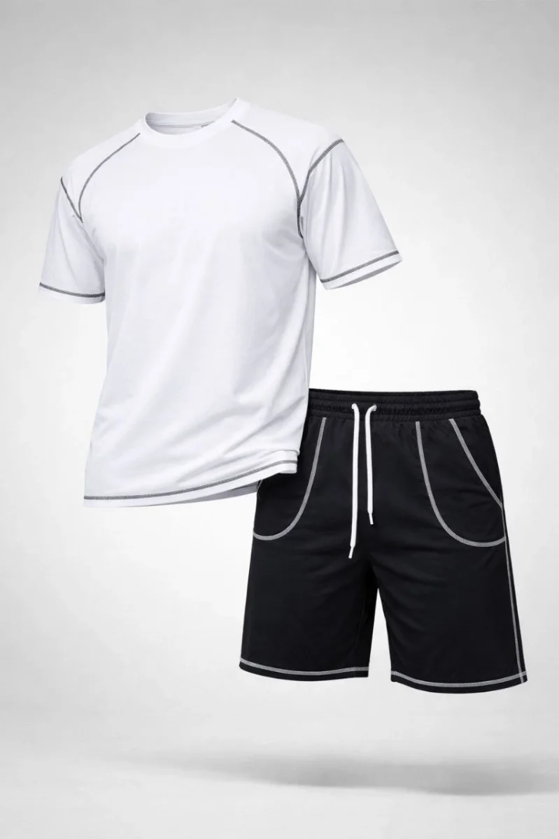 Erkek Spor Tişört Şort Takım Kontrast Dikiş Detaylı Ovarsize rahat kalıp - Beyaz