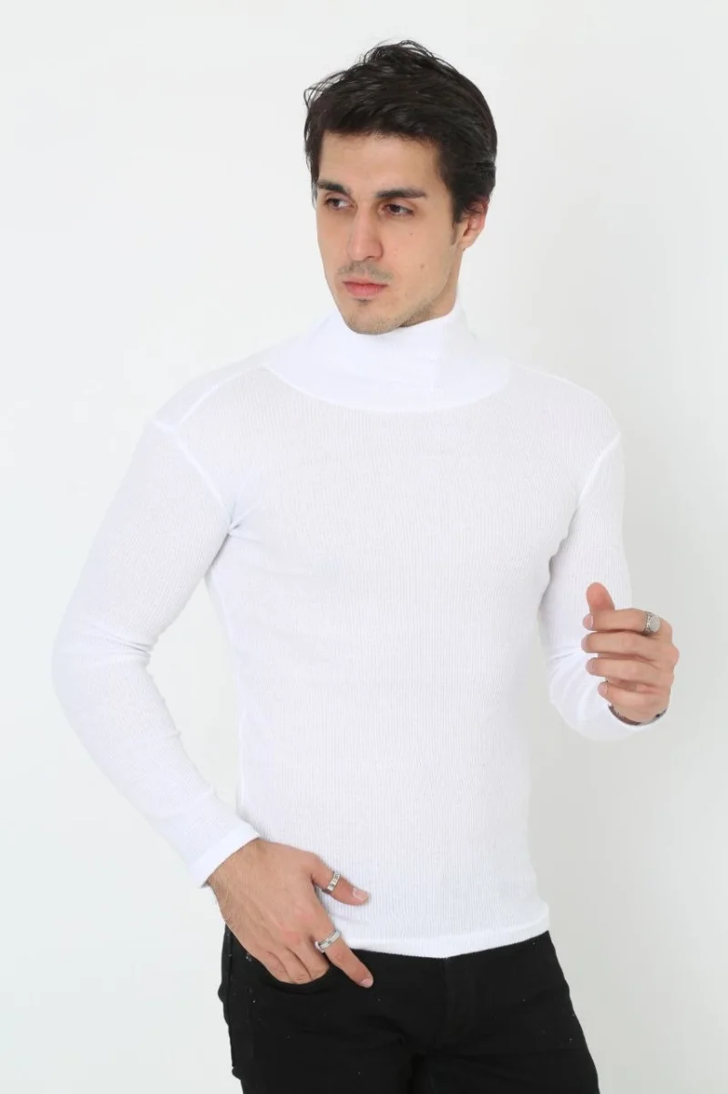 Erkek Kaşkorse Boğazlı Full Likralı Fitilli Body Kazak - Beyaz