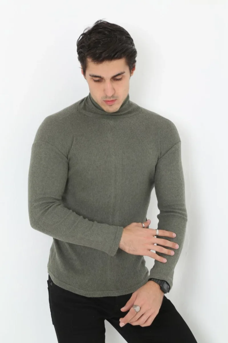 Erkek Kaşkorse Boğazlı Full Likralı Fitilli Body Kazak - Haki