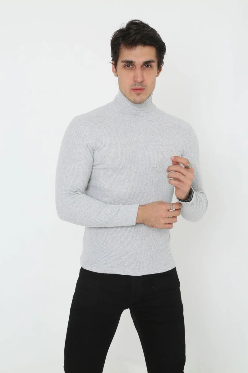 Erkek Kaşkorse Boğazlı Full Likralı Fitilli Body Kazak - Gri