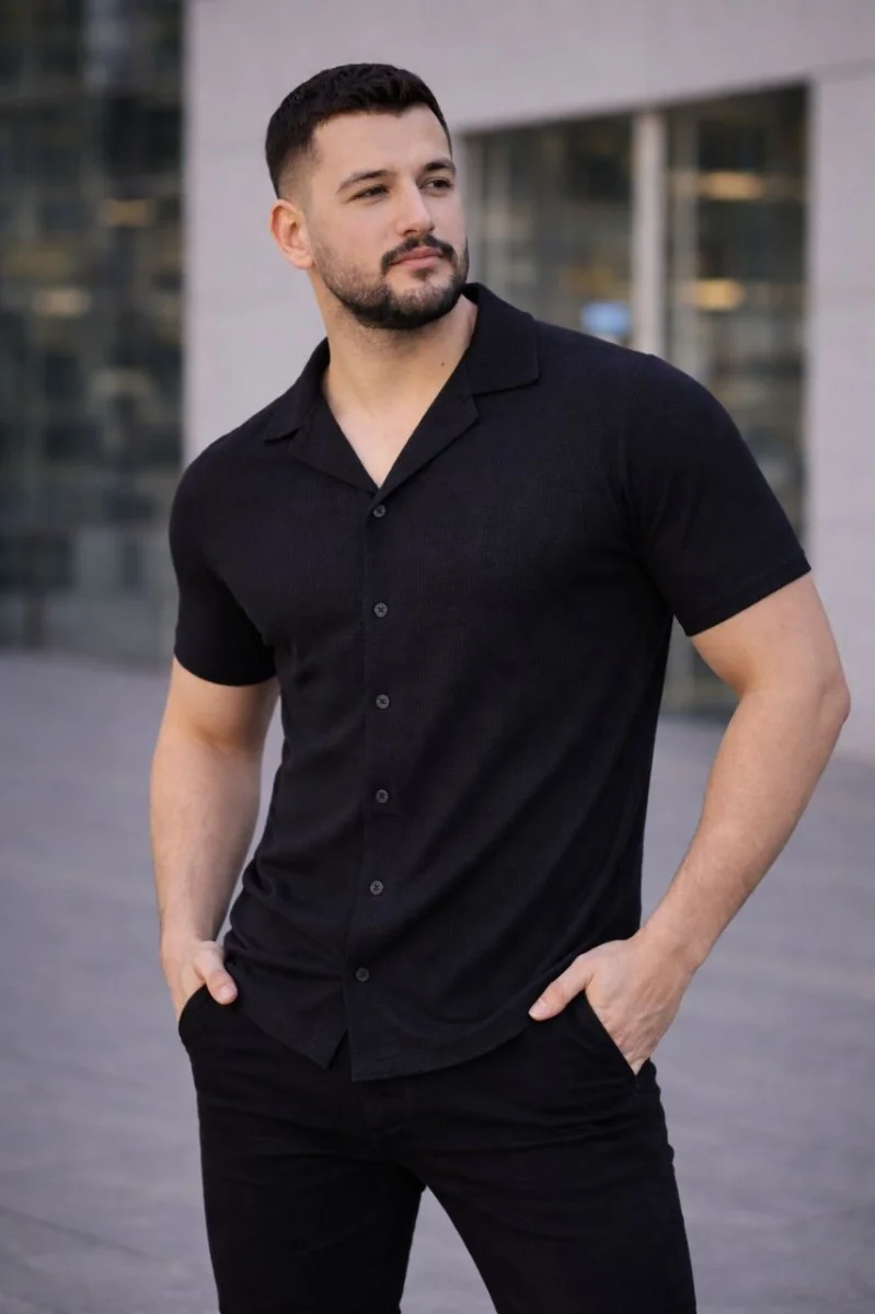 Erkek Waffle Dokuma Açık Yakalı Düğmeli Regular Kalıp 3’lü Gömlek Seti - Siyah, Kırmızı, Beyaz