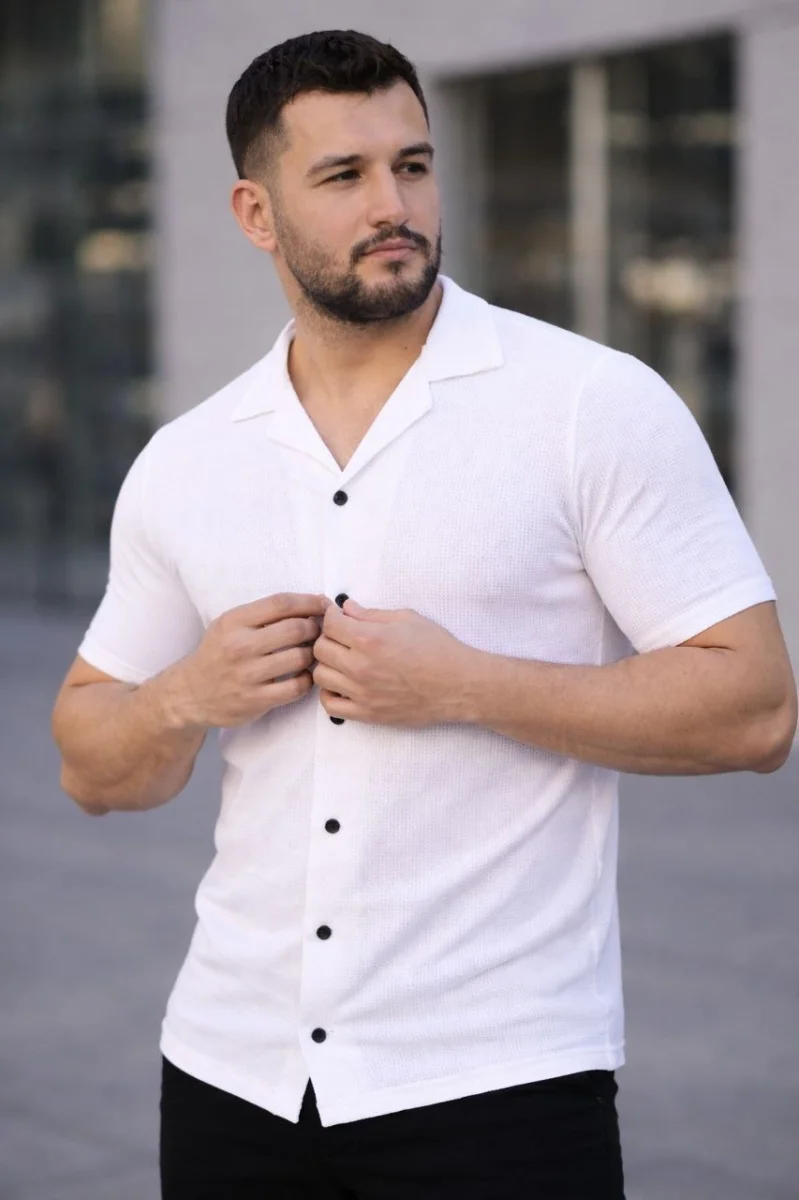Erkek Waffle Dokuma Açık Yakalı Düğmeli Regular Kalıp 2’li Gömlek Seti - Beyaz  Gri
