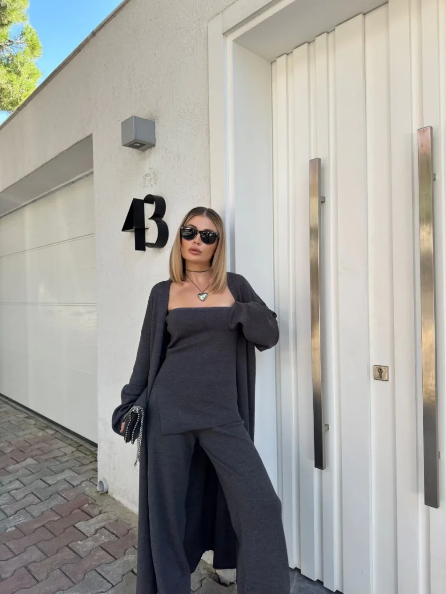 Kadın Triko 3 Parça Takım Straplez Üst Pantolon Uzun Hırka - Füme