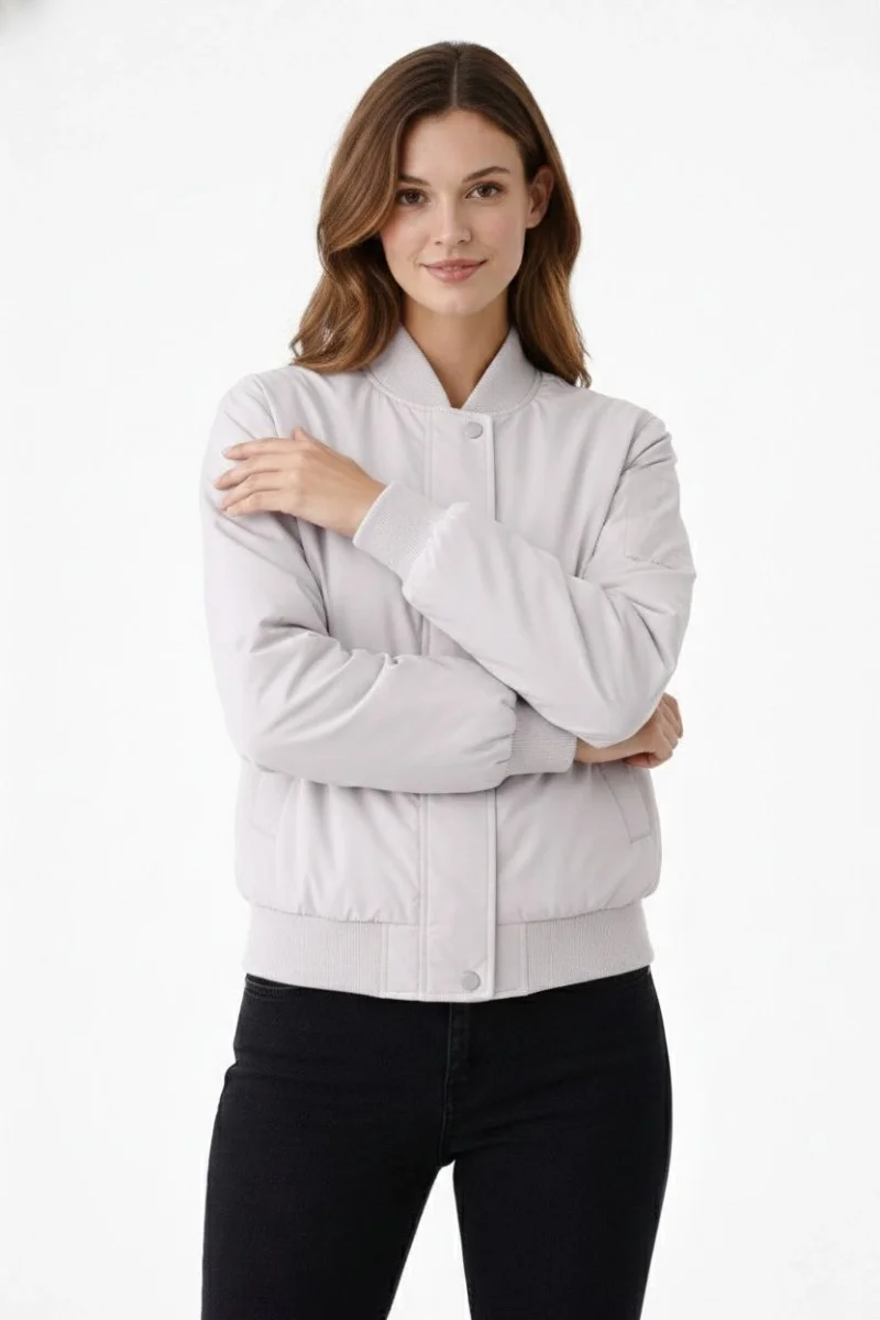Kadın Premium Bomber Ceket Çıtçıt Kapamalı, Ribana Manşetli, Astarlı, Regular Fit Mont - Beyaz