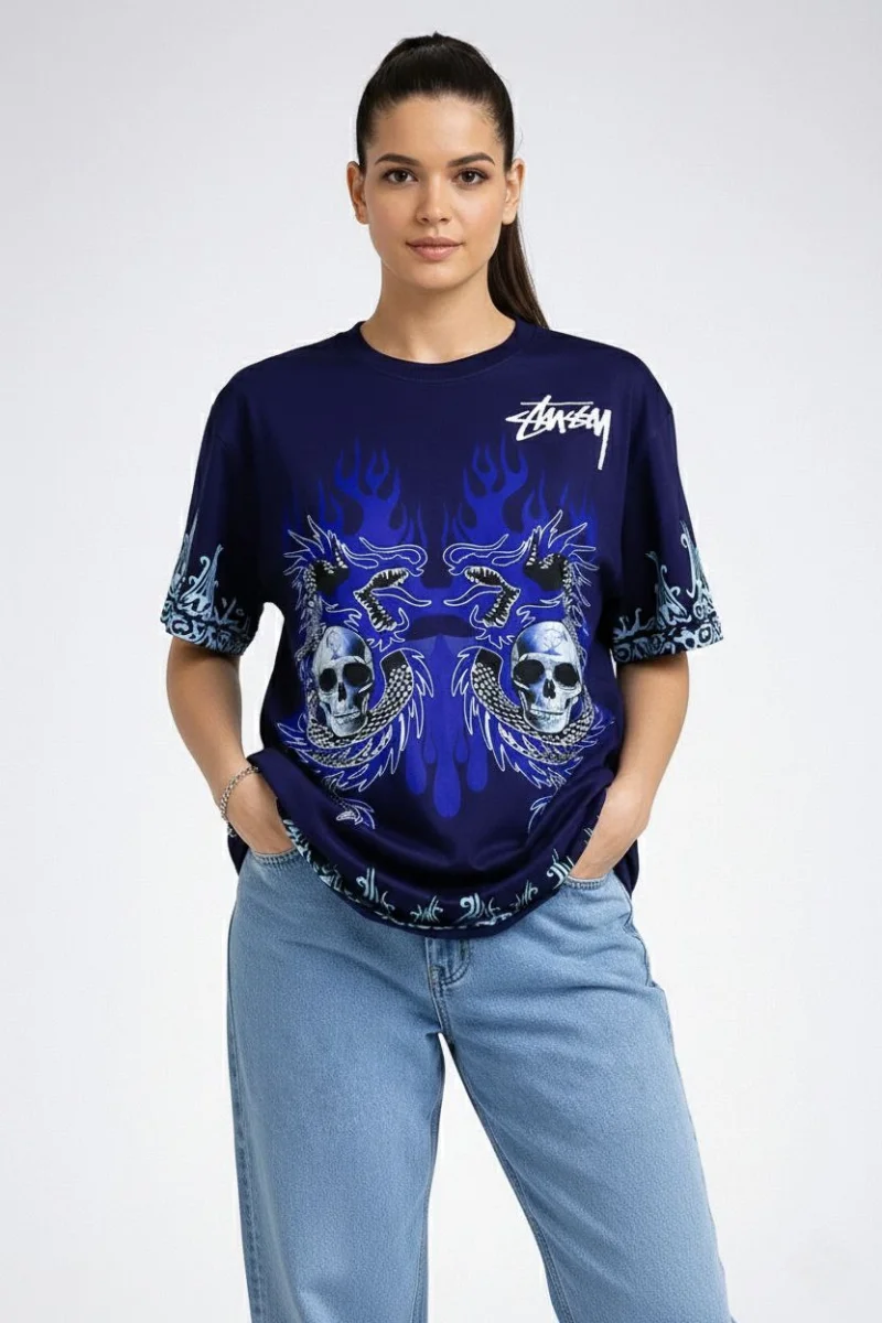 Kadın Lacivert Oversize Tişört Dragon  Kuru Kafa Baskılı Bisiklet Yaka T-Shirt - Lacivert