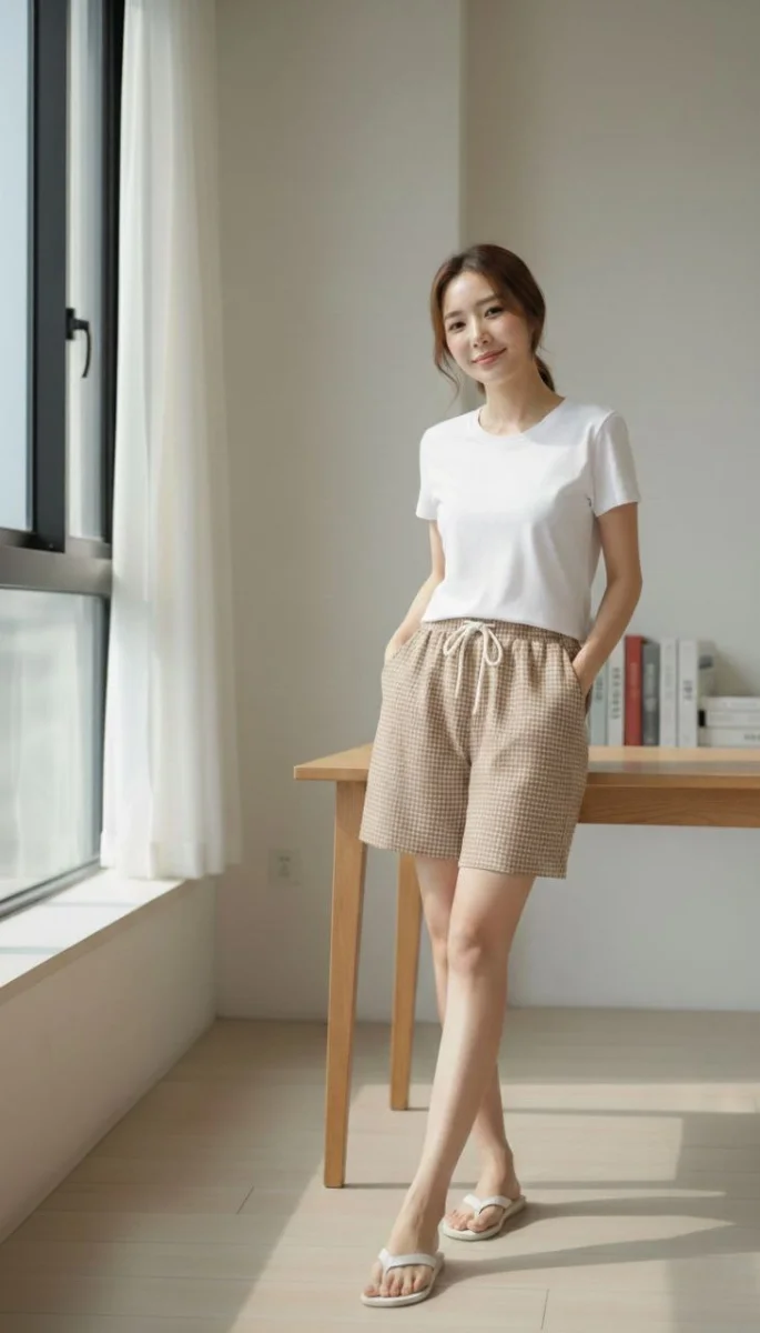 Kadın Pötikareli Şort – Beli Lastikli Bağcıklı, Cepli, Rahat Kesim Günlük Yazlık Şort - Bej