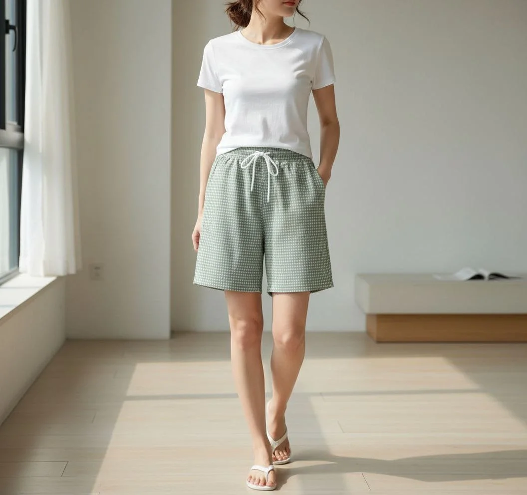 Kadın Pötikareli Şort – Beli Lastikli Bağcıklı, Cepli, Rahat Kesim Günlük Yazlık Şort - Mint Yeşili