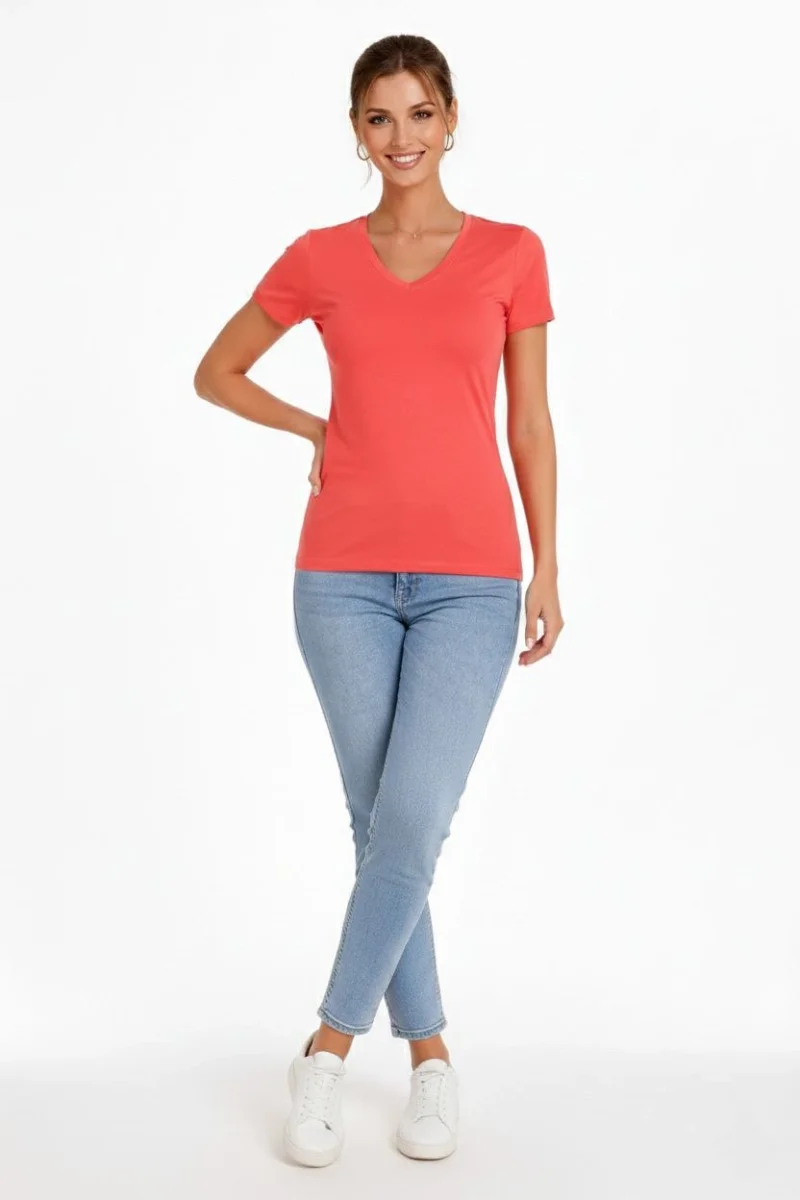 Kadın T-Shirt V Yaka Slim Fit Likralı Tişört Günlük Basic Body - Nar Çiçeği