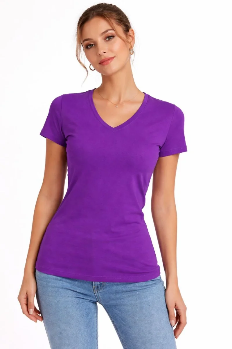 Kadın T-Shirt V Yaka Slim Fit Likralı Tişört Günlük Basic Body - Mor