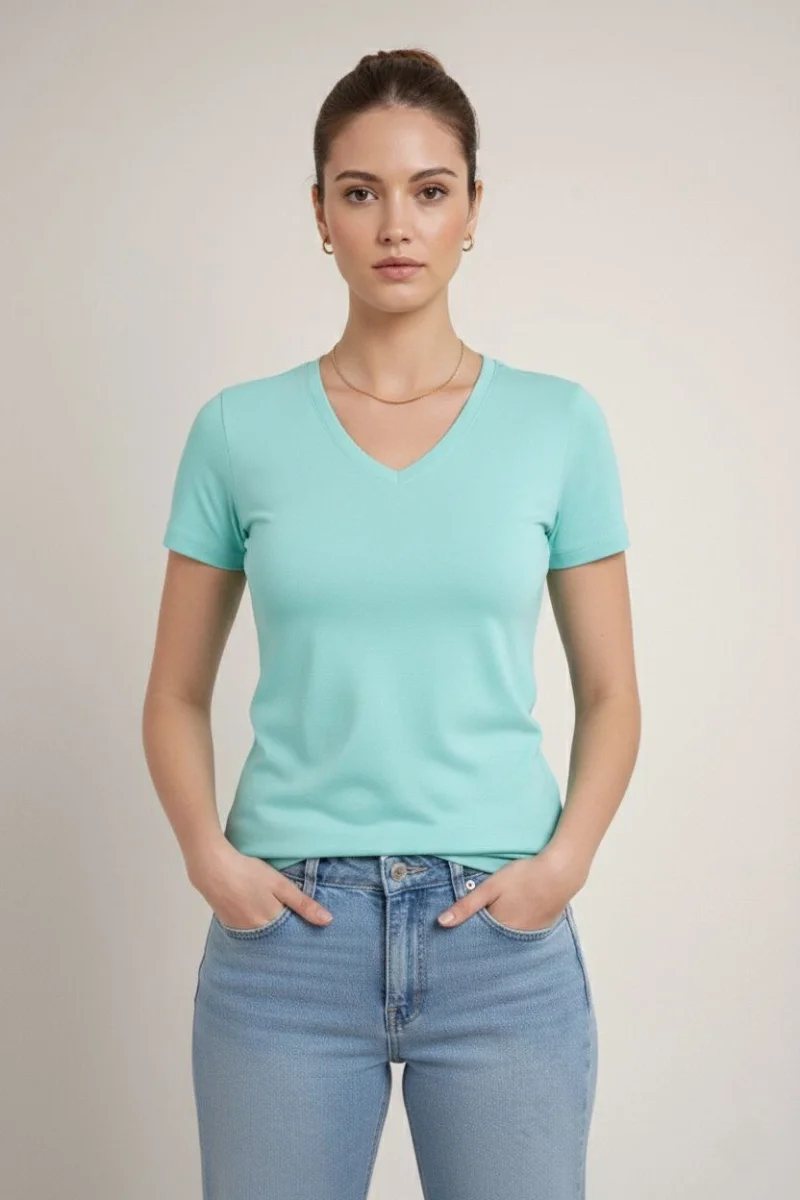 Kadın T-Shirt V Yaka Slim Fit Likralı Tişört Günlük Basic Body - Turkuvaz