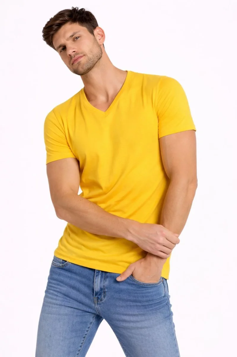 Erkek T-Shirt V Yaka Slim Fit dar kesim Likralı Tişört Günlük Basic Body - Limon