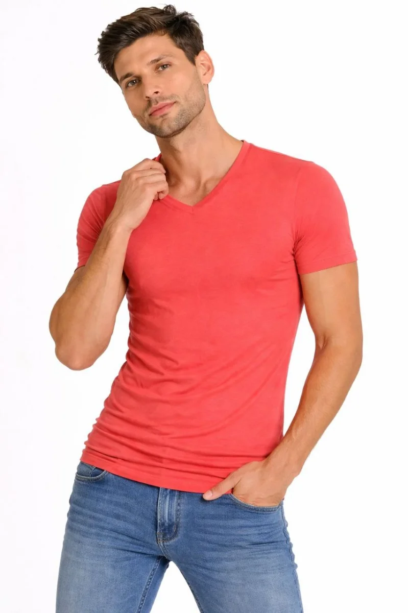 Erkek T-Shirt V Yaka Slim Fit dar kesim Likralı Tişört Günlük Basic Body - Nar Çiçeği