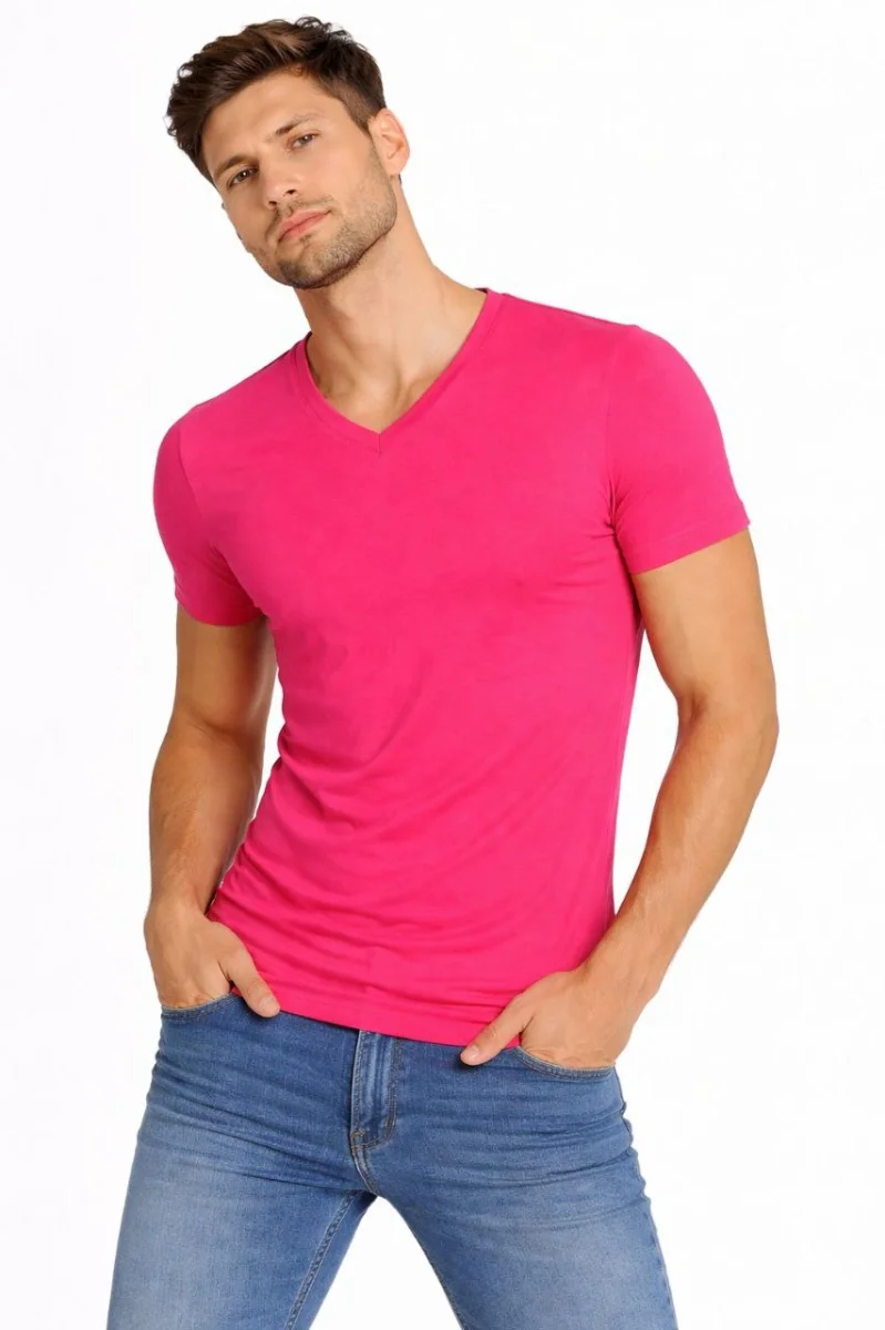 Erkek T-Shirt V Yaka Slim Fit dar kesim Likralı Tişört Günlük Basic Body - Pembe
